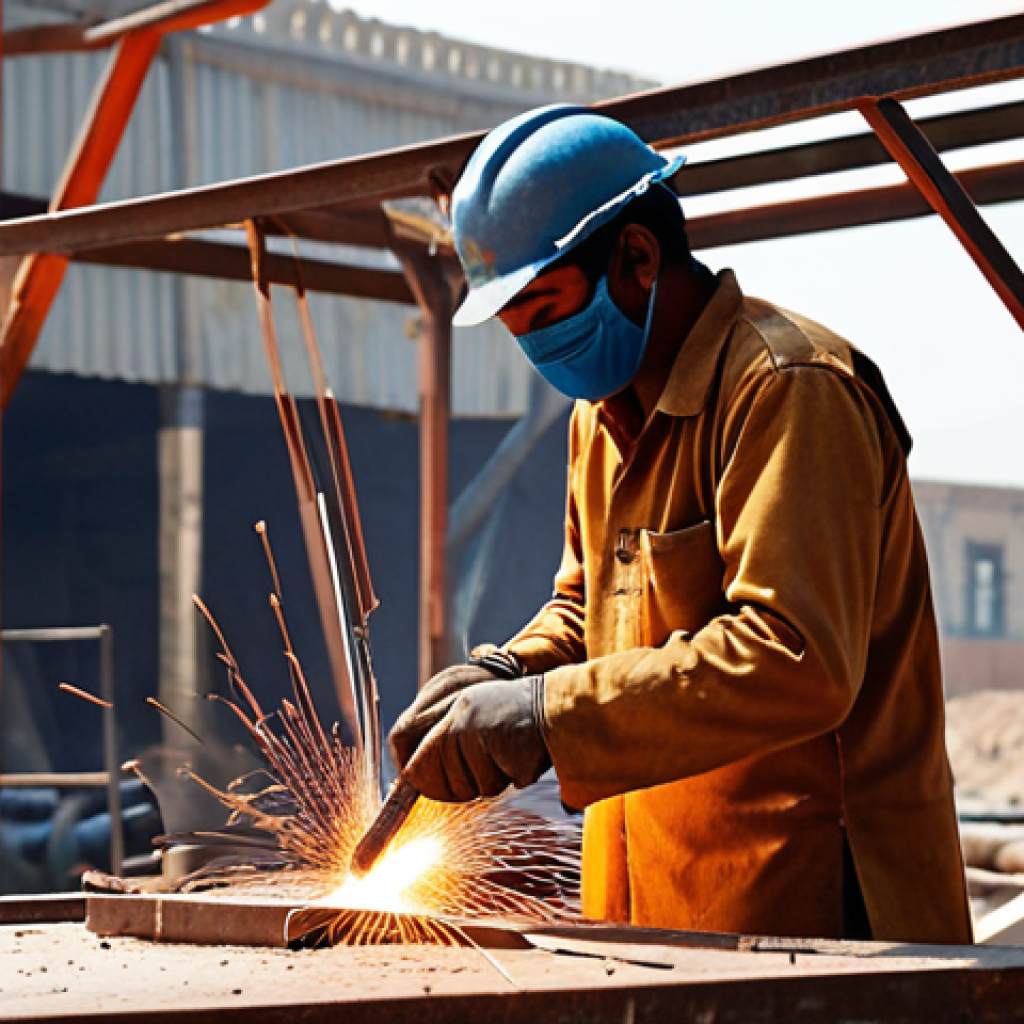 **A skilled welder in traditional Pakistani attire expertly welding a metal structure outdoors, with a bustling construction site in the background. Safety gear is visible and emphasized. Urdu signage is subtly placed in the background.** (Focus: Welder, Construction, Safety)