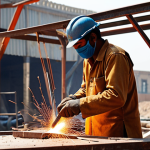 **A skilled welder in traditional Pakistani attire expertly welding a metal structure outdoors, with a bustling construction site in the background. Safety gear is visible and emphasized. Urdu signage is subtly placed in the background.** (Focus: Welder, Construction, Safety)