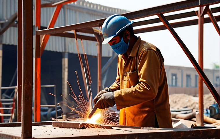 **A skilled welder in traditional Pakistani attire expertly welding a metal structure outdoors, with a bustling construction site in the background. Safety gear is visible and emphasized. Urdu signage is subtly placed in the background.** (Focus: Welder, Construction, Safety)